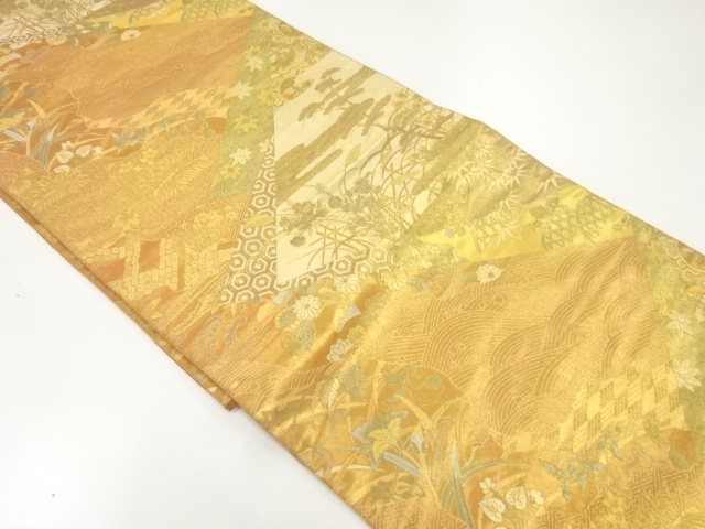 JAPANESE KIMONO / ANTIQUE FUKURO OBI / SILK / WOVEN FLOWER & RAGING WAVES